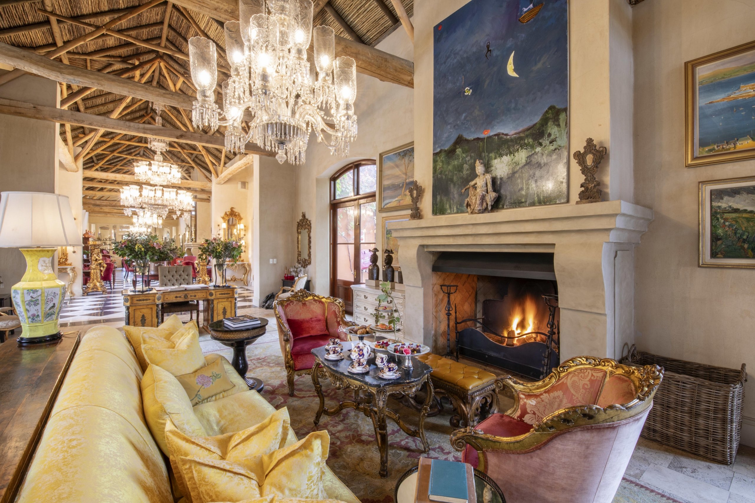 Enjoy red wine by the crackling fireplace